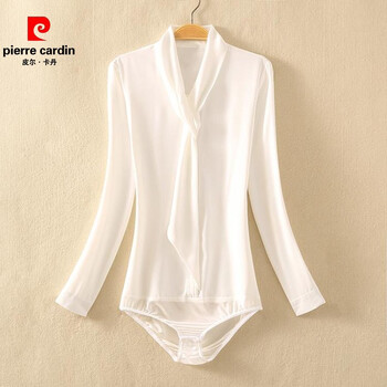 皮尔卡丹雪纺衬衫长袖设计感小众洋气上衣气质通勤职业连体女连裆白色