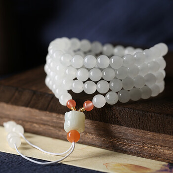 月奚天然新疆羊脂白玉佛珠手链 转运简约男女情侣款圆珠单圈和田玉手