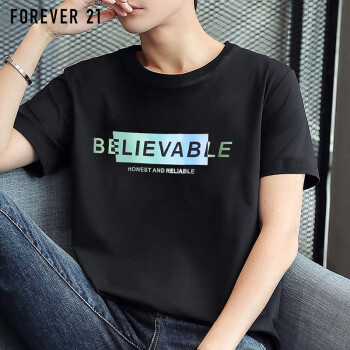 FOREVER 21短袖t恤男夏季时尚半袖圆领男士宽松休闲印花上衣 黑色 08款 XL码