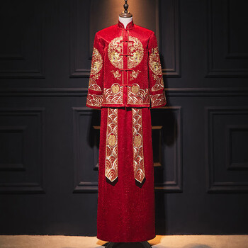 服新郎结婚2022新款男士中式唐装礼服接亲仪式婚服敬酒龙凤褂 酒红色