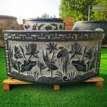 石头水缸盆荷花鱼圆缸仿古石盆大石缸石槽水景养鱼装饰精品青石鱼缸长