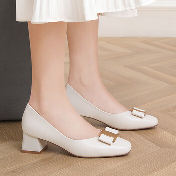 夏季瓢鞋女真皮高跟船鞋方扣单鞋女士粗跟年轻春季方穿的头浅口今年