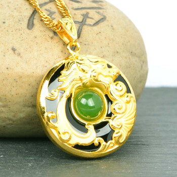 六中黄金平安扣龙吊坠999足金和田玉挂件双色搭配腾龙戏珠和田玉碧玉