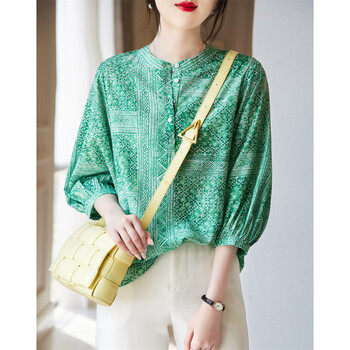 德玛纳（dme）印花衬衣春通勤立领灯笼袖七分袖衬衫女装上衣 翠绿 XL 
