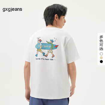 gxg.jeans男装 多色后背潮流印花宽松美式短袖T恤男生 25夏新款 白色 L (175)