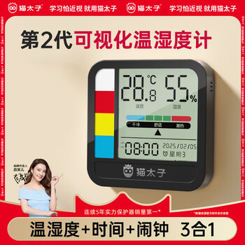 猫太子温湿度计时间电子显示表室内家用壁挂桌面婴儿房室温显示器高精度传感器检测仪闹钟时钟办公用品黑
