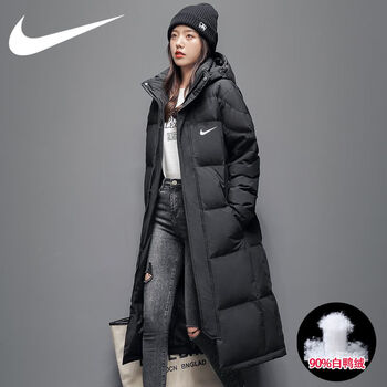 nike潮牌长款羽绒服男女冬季保暖加厚90白鸭绒情侣款过膝连帽外套黑色