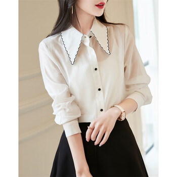 德玛纳dme可拆卸蝴蝶结衬衣22春新刺绣翻领长袖撞色女装上衣衬衫女本