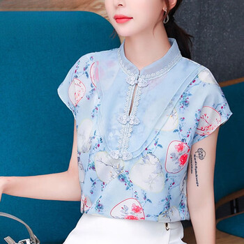 题趣短袖女2024夏季新款改良式旗袍民国风文艺甜美气质百搭雪纺衬衫