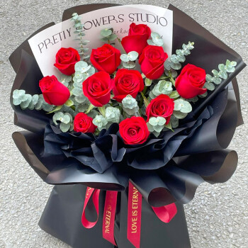 蔷薇恋鲜花同城配送11朵红玫瑰花束表白女友老婆闺蜜生日礼物 11朵红玫瑰+尤加利 同城配送 送花上门