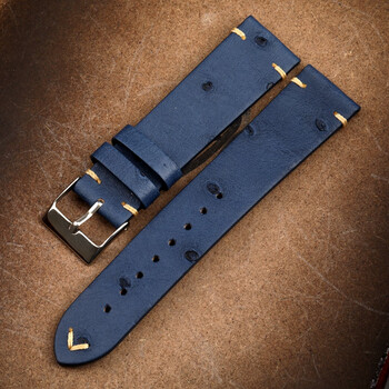 手工鸵鸟皮表带182022mm柔软复古超薄适配精工水鬼皮男表带蓝色缝线款