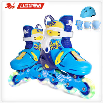 美洲狮（COUGAR）儿童可调全闪溜冰鞋硬壳休闲轮滑鞋 蓝色 M（34-37码）