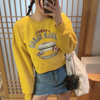 帽宽松韩版早春秋中长款女连帽长袖衬衫口袋系 内搭长袖短款卫衣-黄色