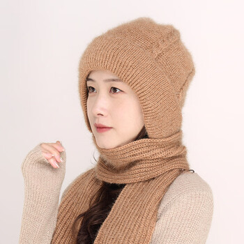 帽帽子冬季女毛线帽松鼠绒翻边冬季加绒加厚围巾一体编织子驼色均码