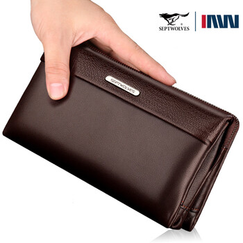 七匹狼男士手包大容量头层牛皮多功能手拿包商务休闲手抓包 咖色大号25*16*6