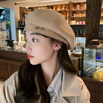 新款字母金属标贝雷帽女秋冬网红ins显脸小八角画家帽子卡其色均码