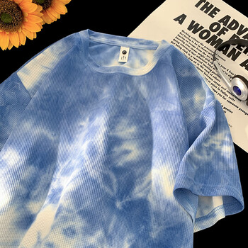 摹华夫格扎染渐变短袖t恤男夏季美式高街潮牌半袖个性学生上衣服蓝色s