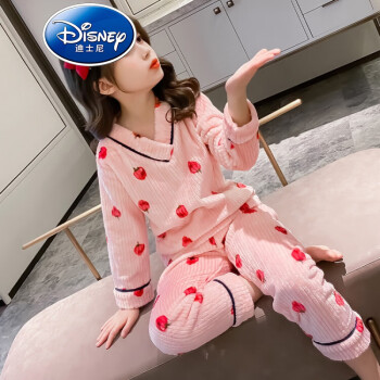 迪士尼品牌童装女童睡衣秋冬款法兰绒儿童家居服套装女孩加绒保暖中大童 粉色草莓 110cm