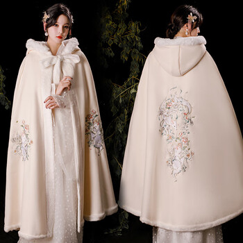 璇醇斗篷披风女成人冬季加厚汉服山海经獙獙重工刺绣加绒毛呢披肩