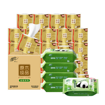 清风 卷纸 4层160g27卷+湿厕纸 80片