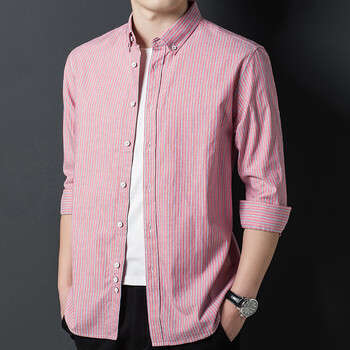 零度e族新款纯棉长袖条纹男款衬衫潮流春秋季男式修身商务衬衣休闲