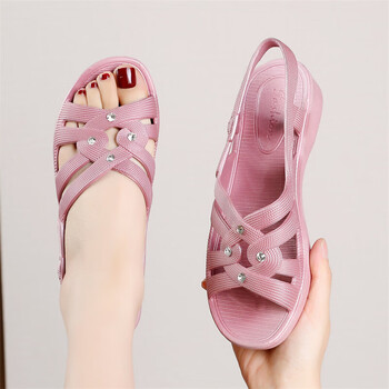 恩若凡妈妈凉鞋5060岁女夏中年平底中跟软底孕妇鞋粉紫色38偏小一码