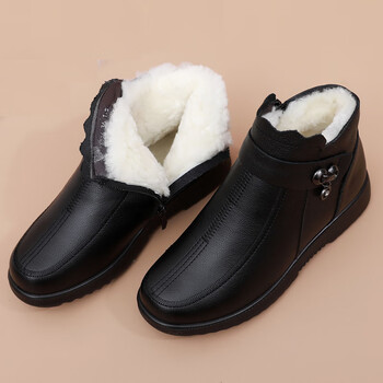 迈得兜牛皮妈妈棉鞋羊毛中老年保暖鞋女冬短靴加绒加厚老人雪地靴