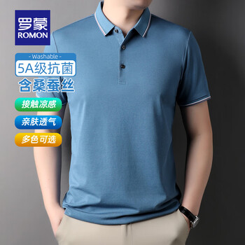 罗蒙(ROMON)含桑蚕丝短袖t恤衫男士夏季款中青年商务休闲翻领半袖POLO上衣服 4T091358蓝灰 XL 180 适合135-150斤