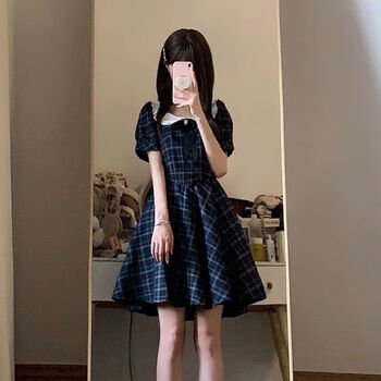 txschif夏季甜妹娃娃领格子连衣裙小清新裙女学生复古学院风甜美小