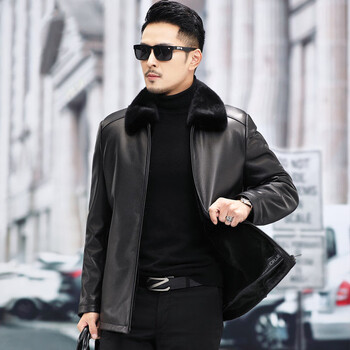 班仕利bansley品牌进口鹿皮真皮皮衣男士皮毛一体水貂绒内胆翻领皮草