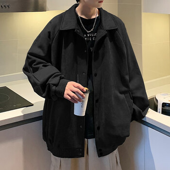 保罗（Dingfengbaoluo）夹克外套男士秋季休闲宽松潮麂皮绒上衣美式棒球服MYY721黑色XL