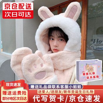 柠月静苼 帽子女冬季韩版可爱毛绒兔子耳朵帽子围巾保暖手套一体小熊三件套加绒加厚学生圣诞节新年生日礼物 蜜桃粉 帽子 围巾 手套三件套