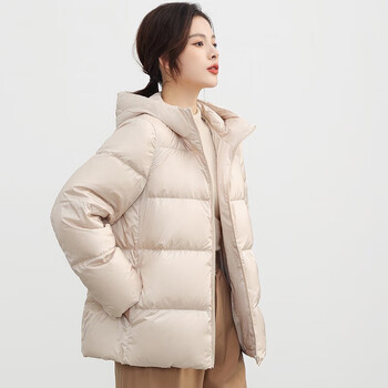 鸭鸭（YAYA）轻薄羽绒服女冬季新款短款小个子面包服宽松时尚休闲保暖外套连帽 浅米色 M 【105-120斤】