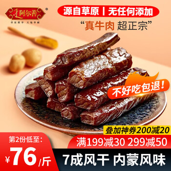 阿尔善手撕风干牛肉干 内蒙古特产休闲零食肉干肉脯【7成干】袋装250g 孜然味2袋（1斤）