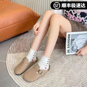 随澜厚底勃肯鞋半拖女春复古一脚蹬包头拖鞋内增高博肯鞋子 卡其色 37