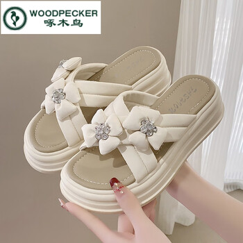 啄木鸟厚底拖鞋女夏外穿时尚黑色花朵凉拖小香风办公室防滑旅游海边大