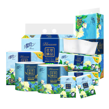 清风花萃系列套组(80抽*8包抽纸+200g*10卷卷纸+18包手帕纸)