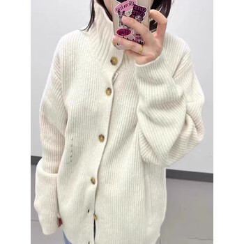 韩系温柔风秋季新款高领针织开衫毛绒长袖毛衣外套女厚461407乳白色s