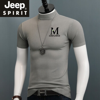 吉普（JEEP）男士冰丝短袖T恤男士夏季半高领针织衫半袖上衣印花薄款修身青年 灰色 M 100斤左右穿