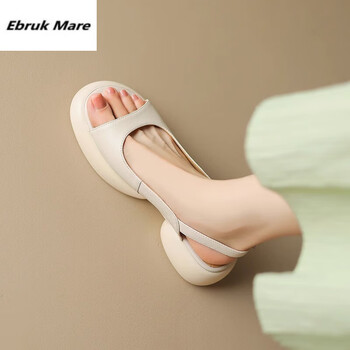 ebrukmare凉鞋女款2024夏新款百搭鱼嘴厚底一字扣带罗马沙滩鞋女鞋米