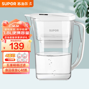 苏泊尔（SUPOR）过滤净水器 家用滤水壶 自来水过滤器净水壶 J-UF01（白色）一壶四芯