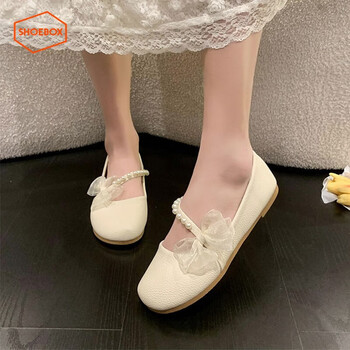 集团旗下玛丽珍鞋女夏季新款蛋卷鞋浅口平底搭配裙子单鞋女米色35