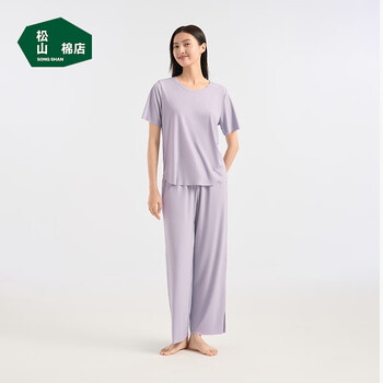 松山棉店二合一小薄荷罗纹家居服套装半袖显瘦2件套睡衣透气25春夏新品 短袖套装-女士-浅紫 M (女士160,男士170)
