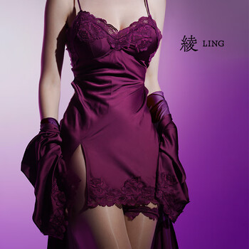 绫天生丝滑绫lingerie「幽雅」性感蕾丝纯欲睡裙轻熟凉感睡衣女修身睡袍夏 Black黑色-「幽」蕾丝拼接睡裙 L 「168cm~178cm」