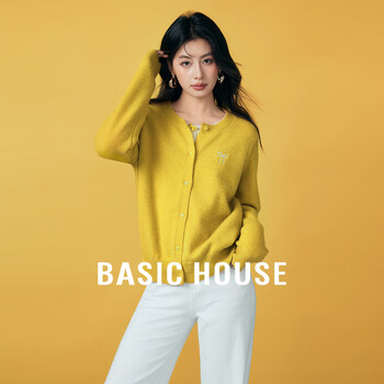 BASIC HOUSE 百家好 温柔风假两件针织开衫春季新款蝴蝶结软糯上衣 黄色