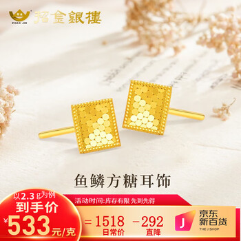 招金银楼黄金耳饰5G足金鱼鳞耳钉简约干练时尚百搭送老婆女友七夕节日礼物 直针-约1.7g