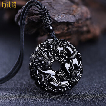 可颖黑曜石貔貅吊坠男女本命年平安扣项链情侣款挂绳刻字大号祥云貔貅