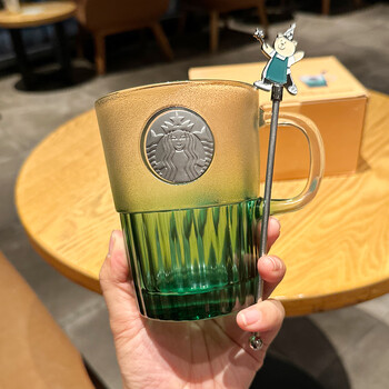 星巴克(starbucks)杯子渐变墨绿铜章小熊玻璃杯耐热桌面咖啡杯配搅拌