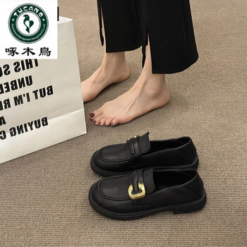 啄木鸟英伦风小皮鞋女款2024新款春夏鞋子女单鞋软底平底乐福鞋女黑色