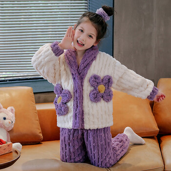 gduckkids儿童珊瑚绒睡衣女孩秋冬装中大童可爱花朵小女童宝宝法兰绒